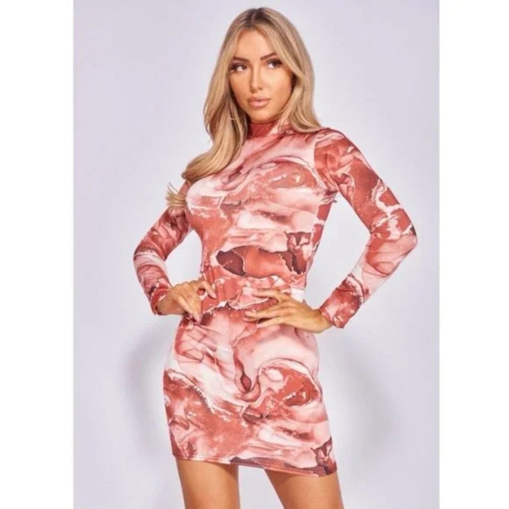 Marble Print Long Sleeve High Neck Bodycon Mini Dress